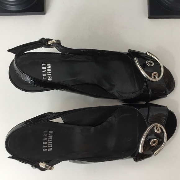 Stuart Weitzman Black Patent Peep Toe Wedges, 8M - Picture 7 of 8